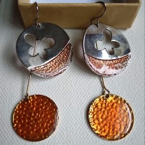 Silver Floral and Orange Enamel Disc Dangle Earrings